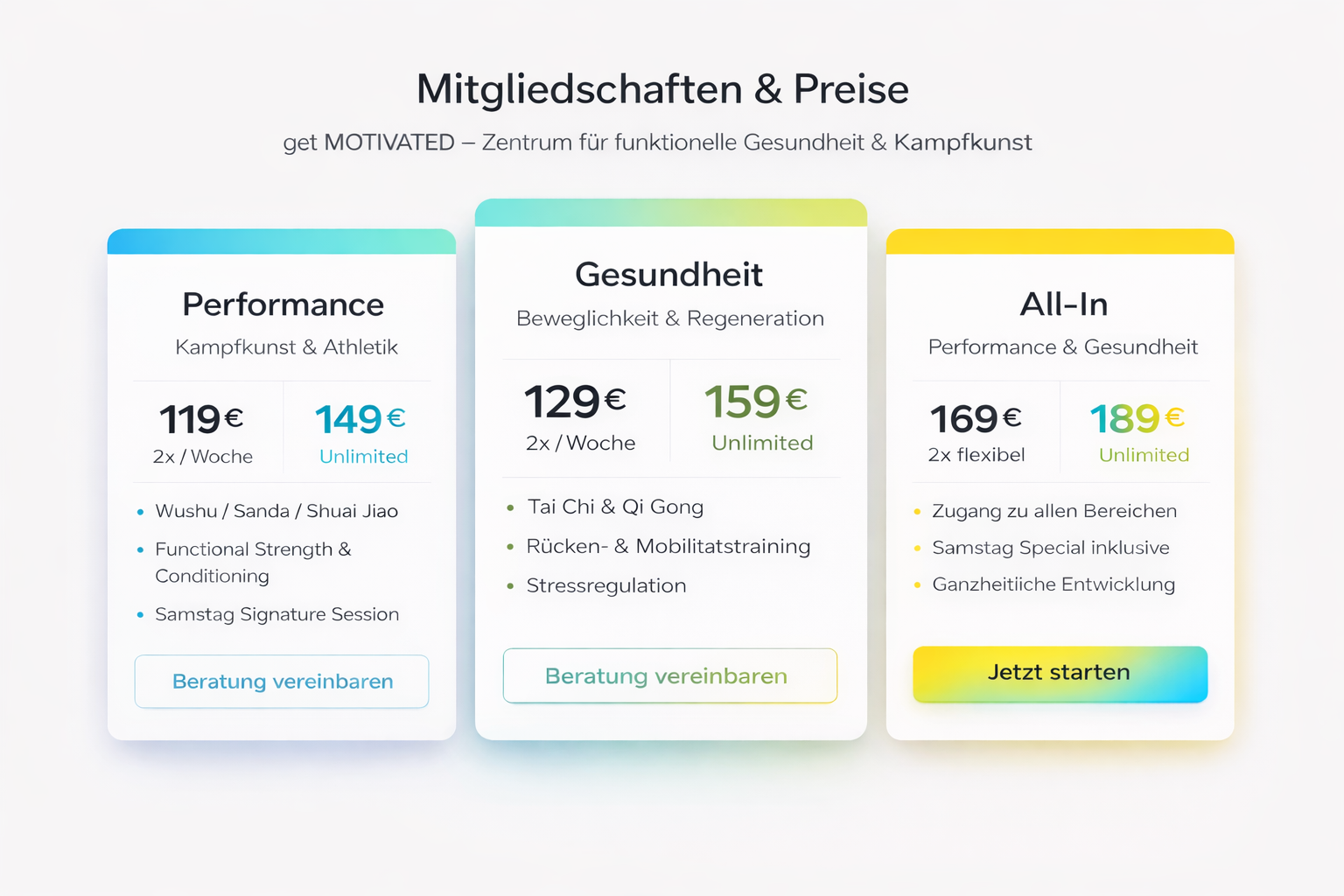 Mitgliedschaften & Preise bei get MOTIVATED: Performance, Gesundheit und All-In