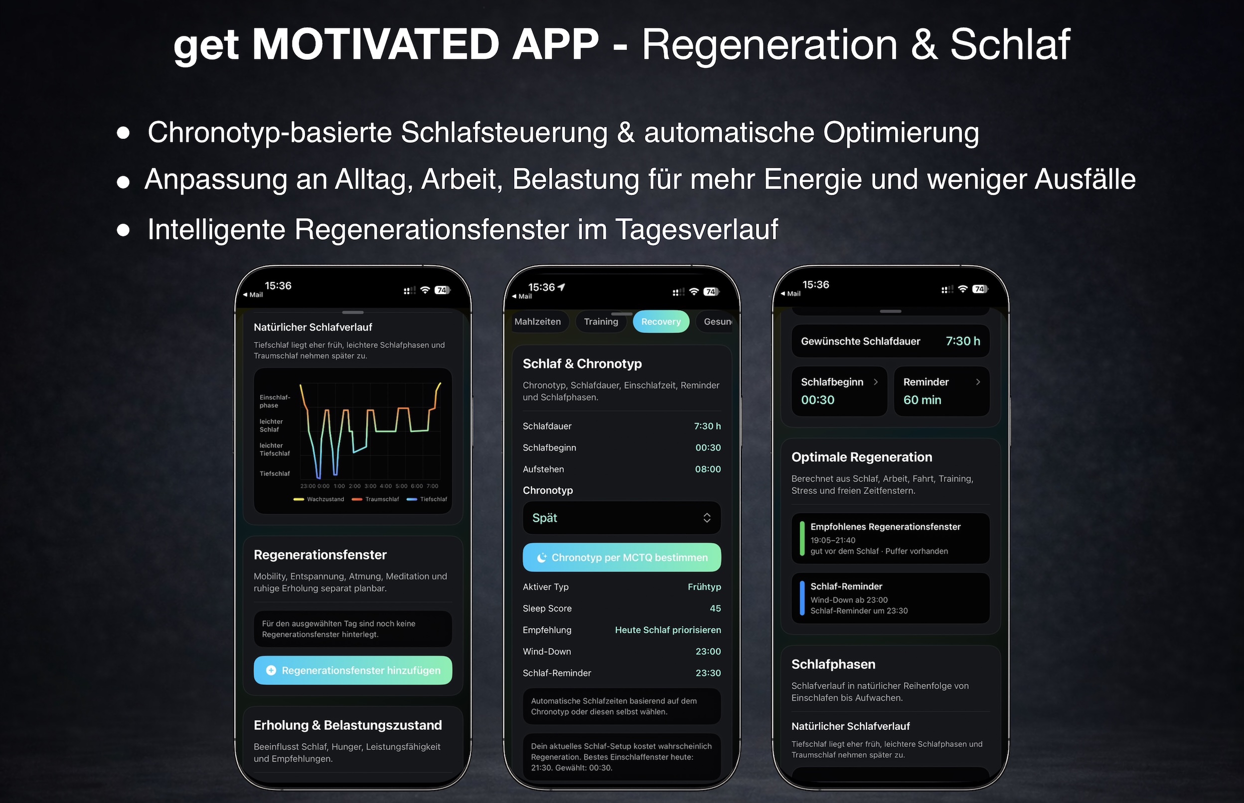 Schlafsteuerung und Regenerationsfenster in der get App