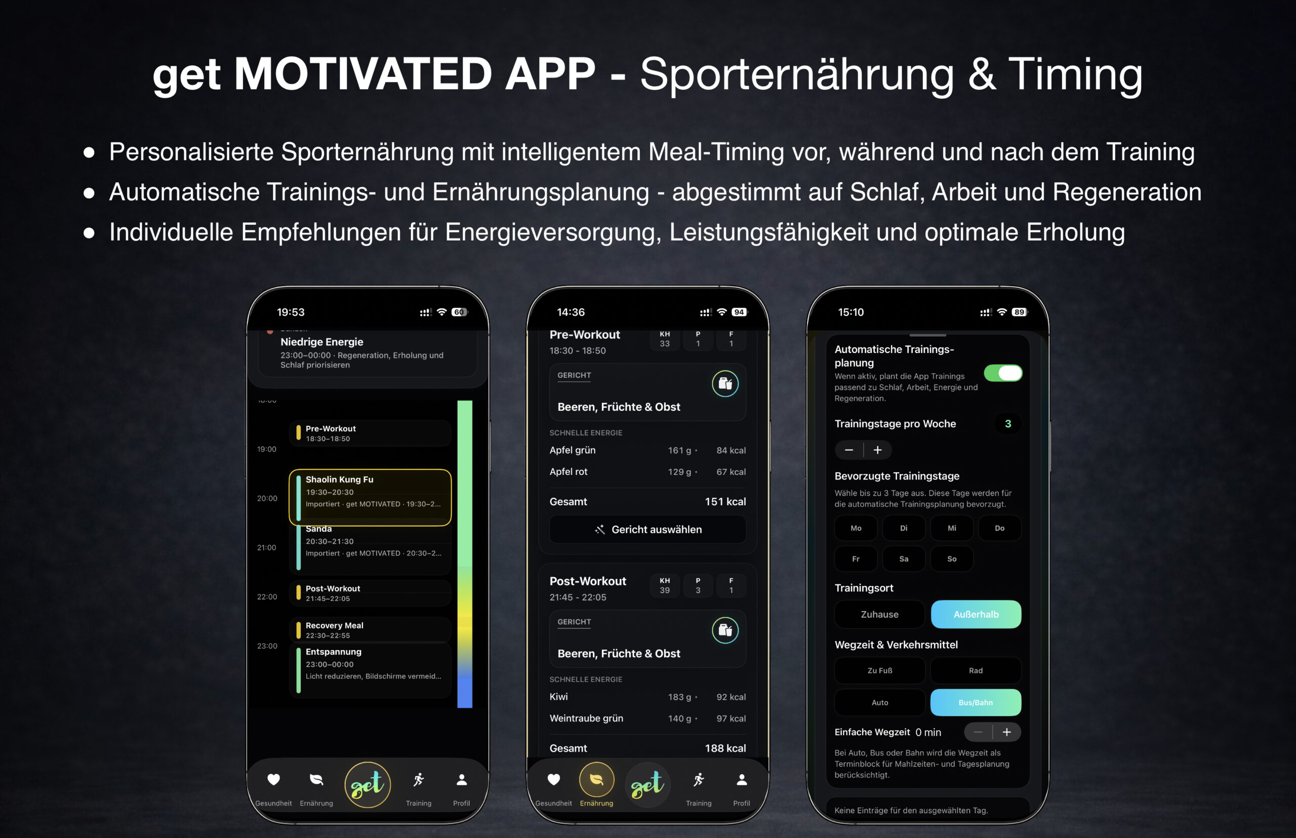 Sporternährung und Meal Timing mit automatischer Planung in der get App