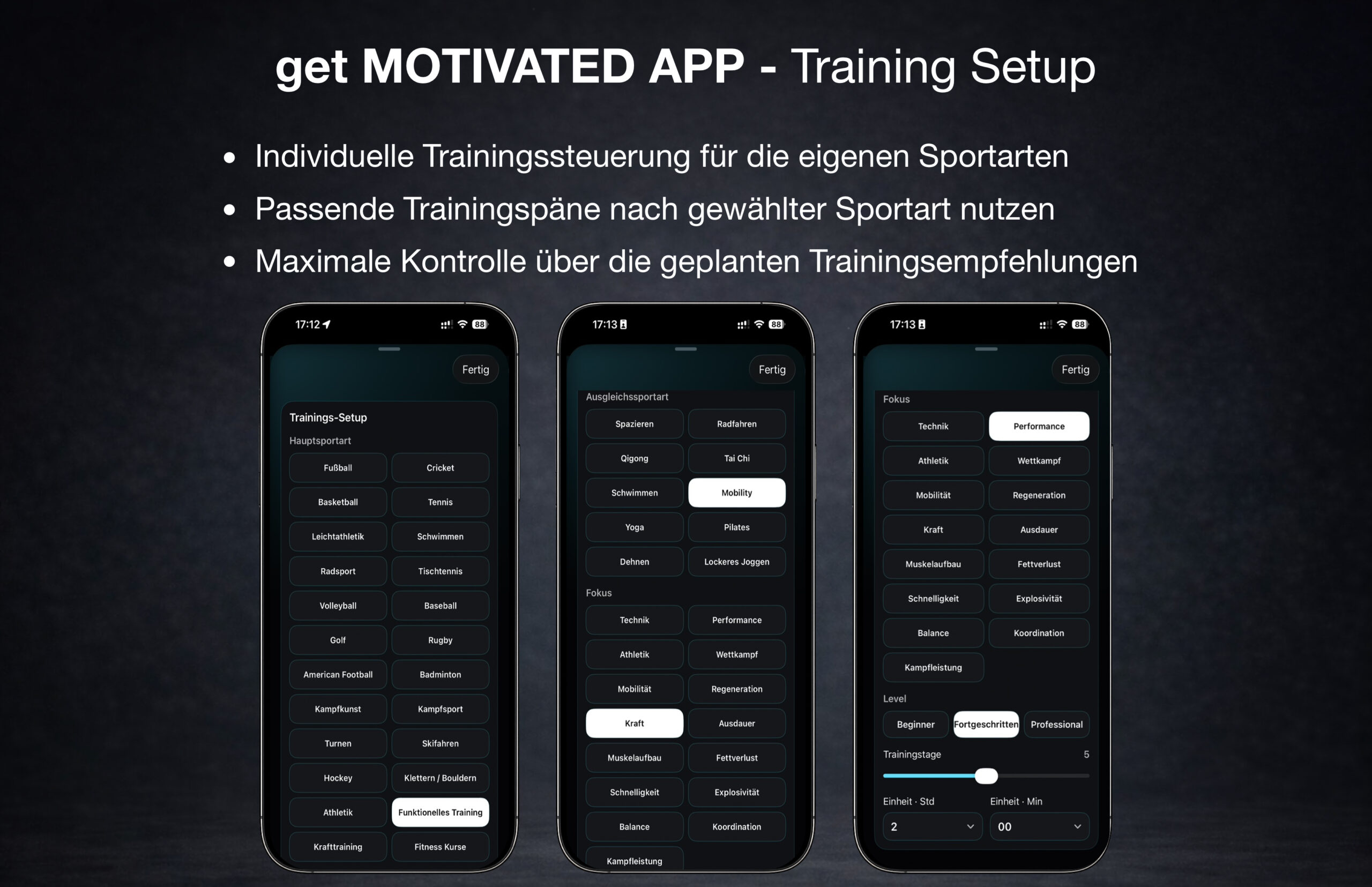Trainingssetup für Sportart, Fokus, Level und Trainingsumfang